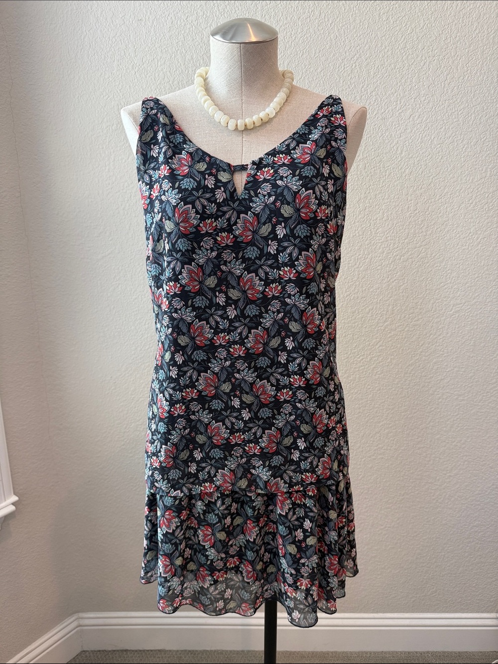 CAbi Navy Top and skirt set with rust, white and pink flowers. - Picture 3 of 16